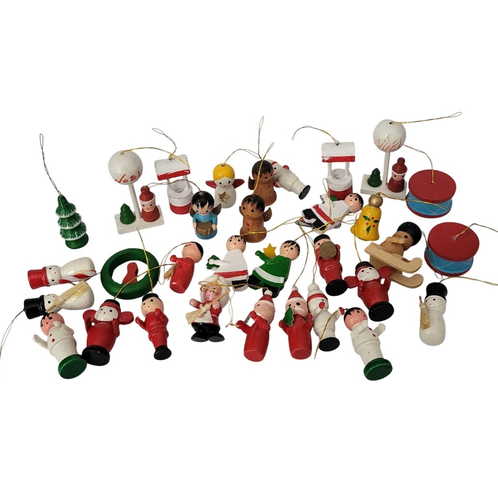 Vtg Wooden Mini Christmas Tree Ornament Lot Of 32 Soldier Santa Mrs Claus Angels